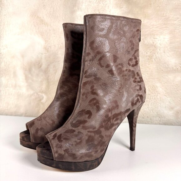FURLA Leopard Print Peep Toe Ankle Boots 37.5 Brown Leather High Heel Stiletto - Picture 1 of 16